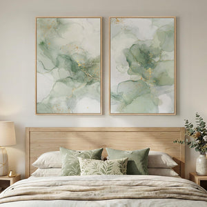 Large Framed Sage Green Gold Contemporary Minimalist Abstract Modern Wall Art for Living Room Set of 2