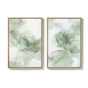 Large Framed Sage Green Gold Contemporary Minimalist Abstract Modern Wall Art for Living Room Set of 2