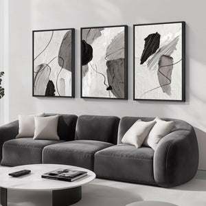 Large Framed Modern Minimalist Black White Gray Abstract Wall Art for Living Room Set of 3