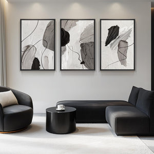 Large Framed Modern Minimalist Black White Gray Abstract Wall Art for Living Room Set of 3