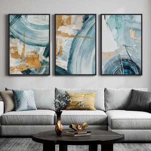 Large Framed Blue and Gold Abstract Modern Minimalist Elegant Wall Art for Living Room Set of 3