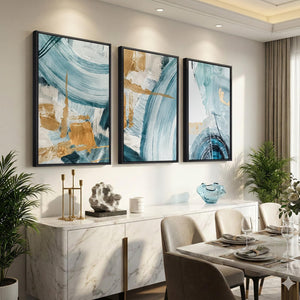 Large Framed Blue and Gold Abstract Modern Minimalist Elegant Wall Art for Living Room Set of 3