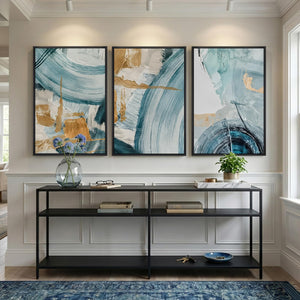 Large Framed Blue and Gold Abstract Modern Minimalist Elegant Wall Art for Living Room Set of 3