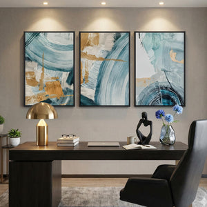 Large Framed Blue and Gold Abstract Modern Minimalist Elegant Wall Art for Living Room Set of 3
