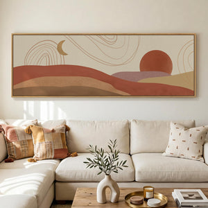 Large Framed Long Narrow Horizontal Mid Century Modern Boho Abstract Wall Art for Living Room