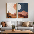 Framed Boho Mid Century Modern Desert Landscape Abstract Wall Art Bedroom Set of 2