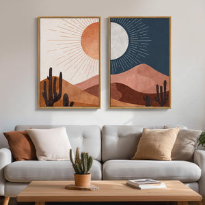 Framed Boho Mid Century Modern Desert Landscape Abstract Wall Art Bedroom Set of 2