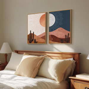 Framed Boho Mid Century Modern Desert Landscape Abstract Wall Art Bedroom Set of 2