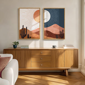 Framed Boho Mid Century Modern Desert Landscape Abstract Wall Art Bedroom Set of 2