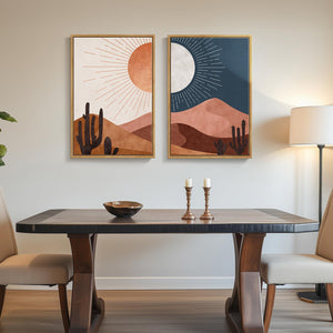 Framed Boho Mid Century Modern Desert Landscape Abstract Wall Art Bedroom Set of 2
