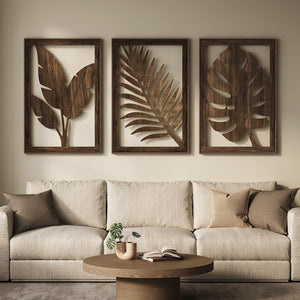 Framed Boho Cutout Carved Wood Wall Art Wooden Bohemian Botanical Decor for Living Room Set of 3