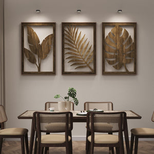 Framed Boho Cutout Carved Wood Wall Art Wooden Bohemian Botanical Decor for Living Room Set of 3