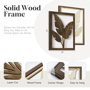 Framed Boho Cutout Carved Wood Wall Art Wooden Bohemian Botanical Decor for Living Room Set of 3