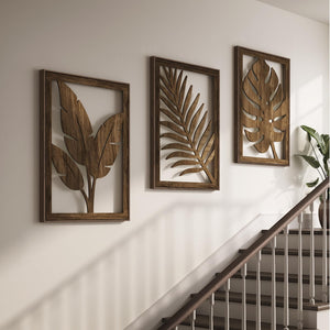 Framed Boho Cutout Carved Wood Wall Art Wooden Bohemian Botanical Decor for Living Room Set of 3