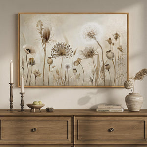 Framed Vintage Neutral Rustic Botanical Modern Farmhouse Floral Dandelion Wall Art for Living Room