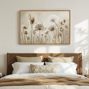 Framed Vintage Neutral Rustic Botanical Modern Farmhouse Floral Dandelion Wall Art for Living Room