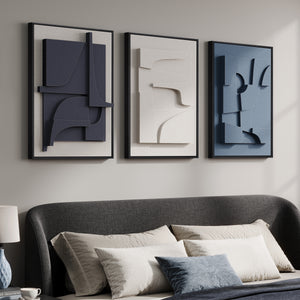 3D Textured Blue and White Abstract Wall Art, Framed 3 Piece Set for Living Room