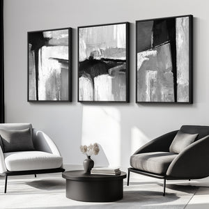Large Framed Black and White Gray Abstract Wall Art
