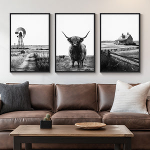 Framed Highland Cow Wall Art Set of 3, Black and White Farmhouse Decor